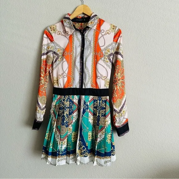 Alpha &amp; Omega WOMAN PATCHWORK CHAIN PRINT PLEATED DRESS MULTICOLOR Sz Small