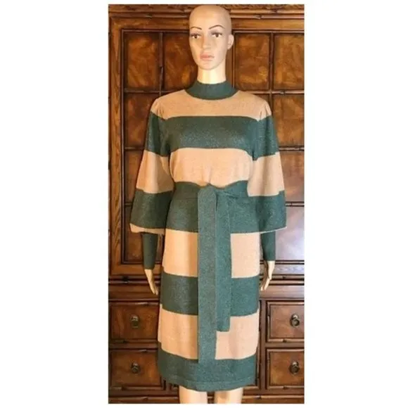 Ann Taylor Sweater Dress Striped Turtleneck Beige Green NWT $150