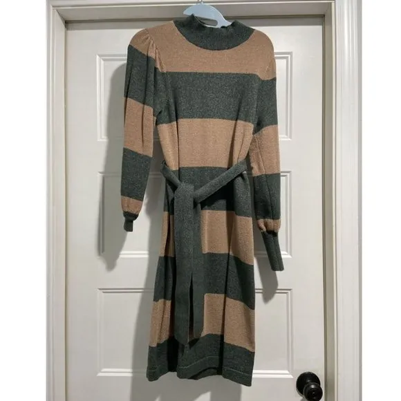 Ann Taylor Sweater Dress Striped Turtleneck Beige Green NWT $150