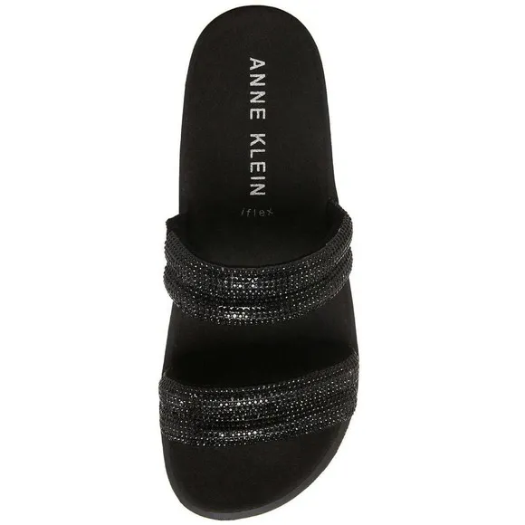 Anne Klein Black Crystal Vanessa Faux Suede Slip-On Wedge Sandals Size 11