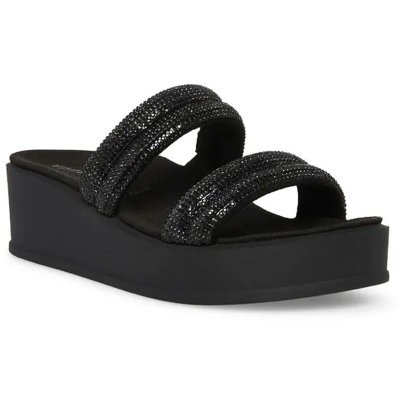 Anne Klein Black Crystal Vanessa Faux Suede Slip-On Wedge Sandals Size 11