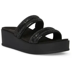 Anne Klein Black Crystal Vanessa Faux Suede Slip-On Wedge Sandals Size 11