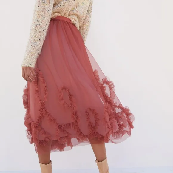 Anthropologie Felicity Ruffled Tulle Midi Skirt in Dusty Rose Size XL