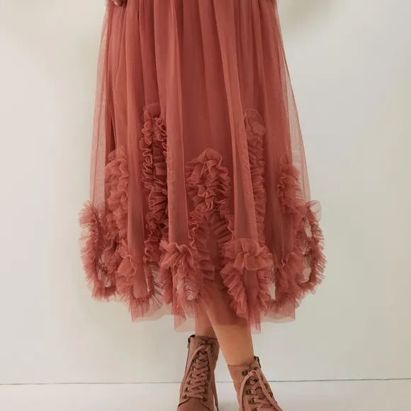 Anthropologie Felicity Ruffled Tulle Midi Skirt in Dusty Rose Size XL