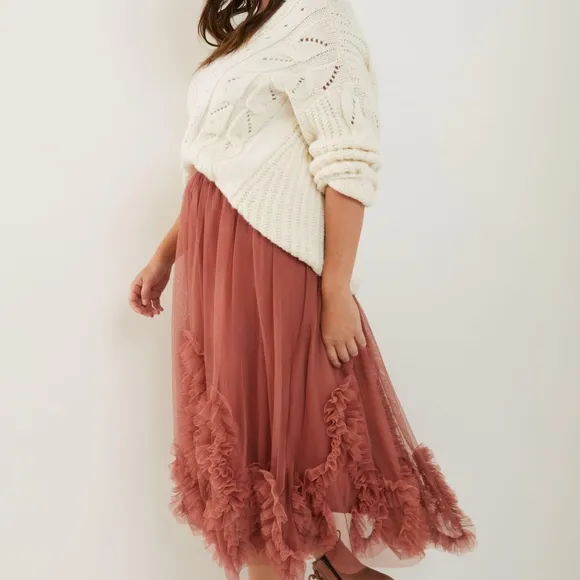 Anthropologie Felicity Ruffled Tulle Midi Skirt in Dusty Rose Size XL