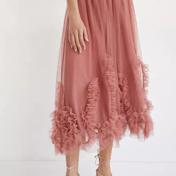 Anthropologie Felicity Ruffled Tulle Midi Skirt in Dusty Rose Size XL