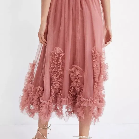 Anthropologie Felicity Ruffled Tulle Midi Skirt in Dusty Rose Size XL
