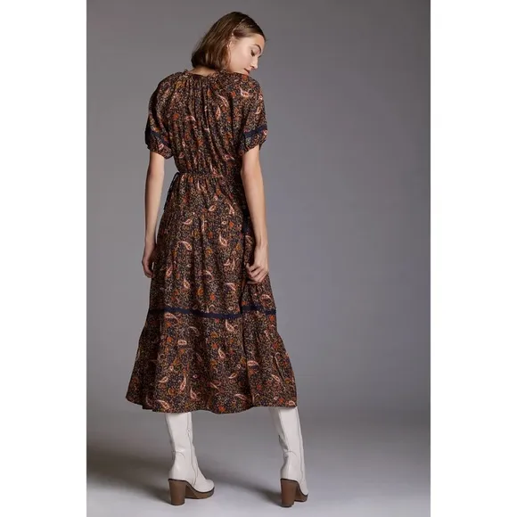 Anthropologie Floral Puff-Sleeved Midi Dress