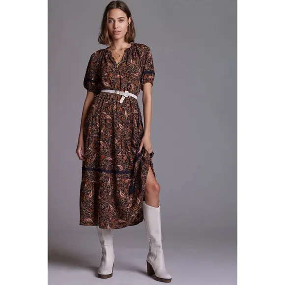Anthropologie Floral Puff-Sleeved Midi Dress