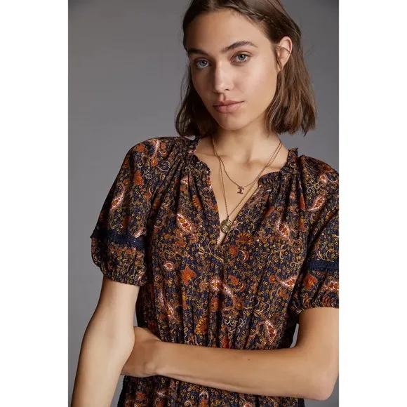 Anthropologie Floral Puff-Sleeved Midi Dress