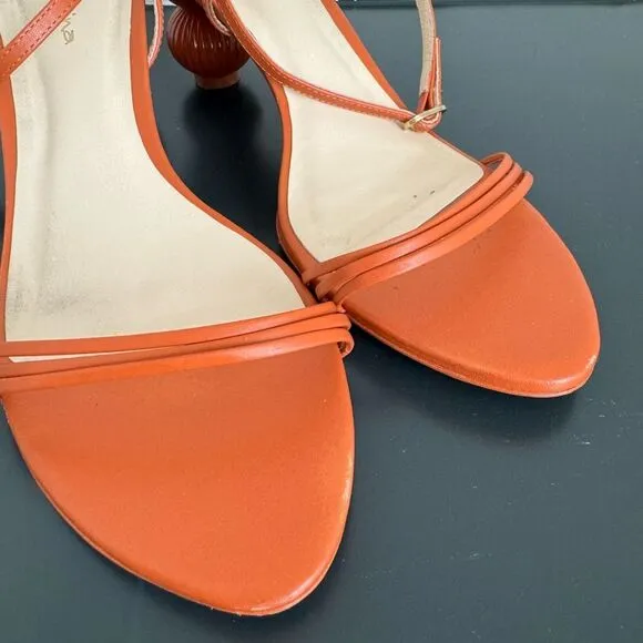 Anthropologie Guilhermina Sculptural Orange Funky Heel Summer Sandal Size 9 / 40