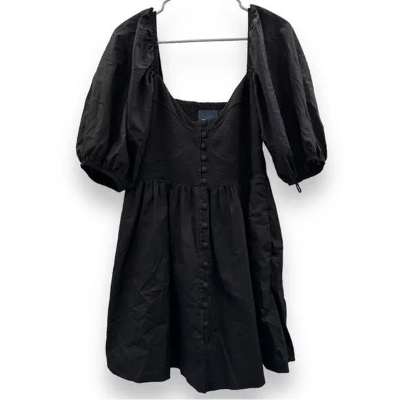 Anthropologie Maeve Puff Sleeve Smocked Button Front Black Mini Dress Size L NWT