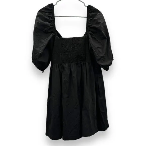 Anthropologie Maeve Puff Sleeve Smocked Button Front Black Mini Dress Size L NWT