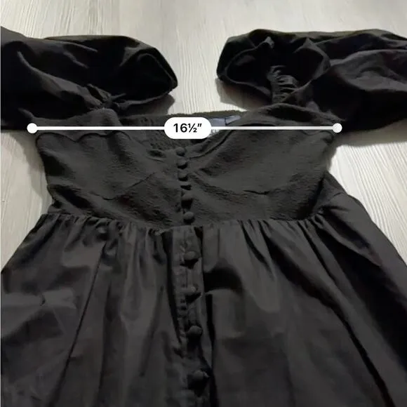 Anthropologie Maeve Puff Sleeve Smocked Button Front Black Mini Dress Size L NWT