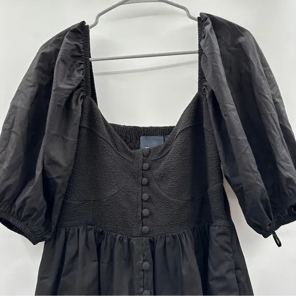 Anthropologie Maeve Puff Sleeve Smocked Button Front Black Mini Dress Size L NWT