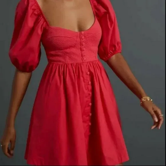 ANTHROPOLOGIE Maeve S NWT Red Puff-Sleeved Sweetheart Mini dress Small