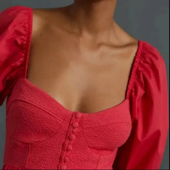 ANTHROPOLOGIE Maeve S NWT Red Puff-Sleeved Sweetheart Mini dress Small