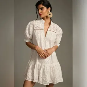 Anthropologie Porridge Tiered Lace Tunic Dress in Ivory White - Size Small