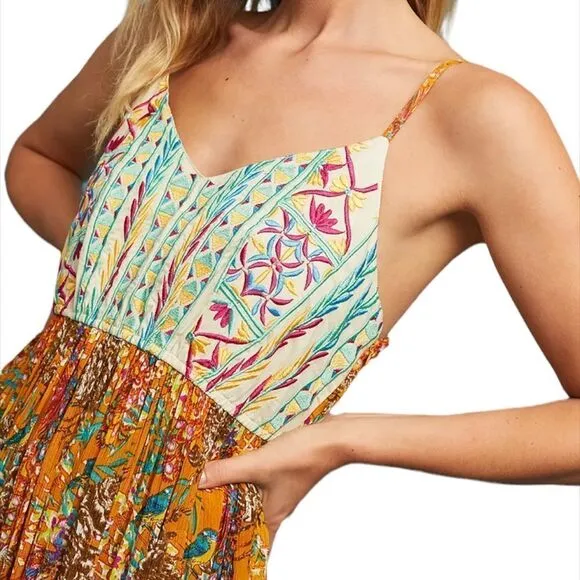 ANTHROPOLOGIE Raga Parkland Embroidered Dress Flowy Elongating  Mocha Mousse NWT