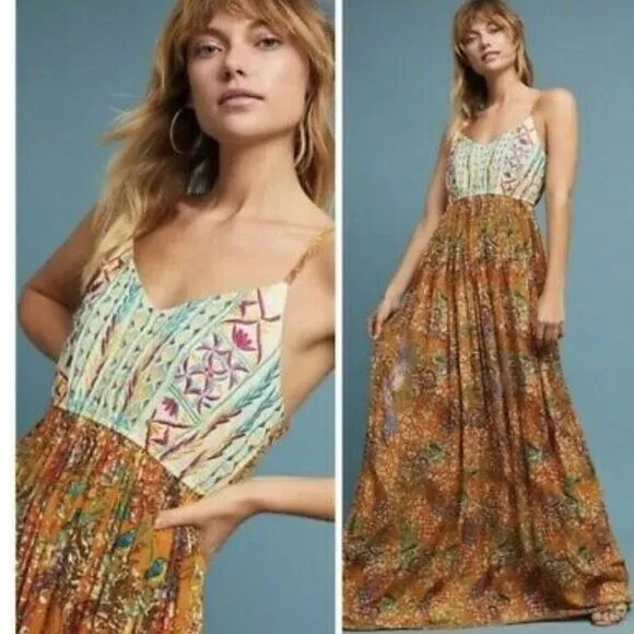 ANTHROPOLOGIE Raga Parkland Embroidered Dress Flowy Elongating  Mocha Mousse NWT