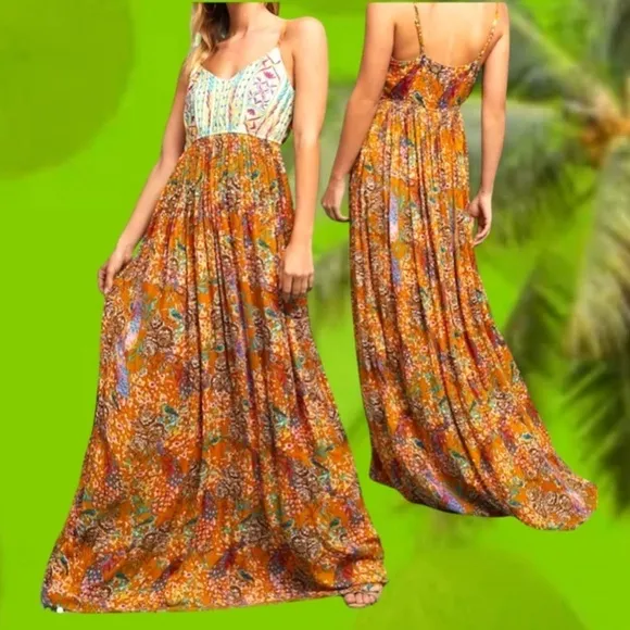 ANTHROPOLOGIE Raga Parkland Embroidered Dress Flowy Elongating  Mocha Mousse NWT