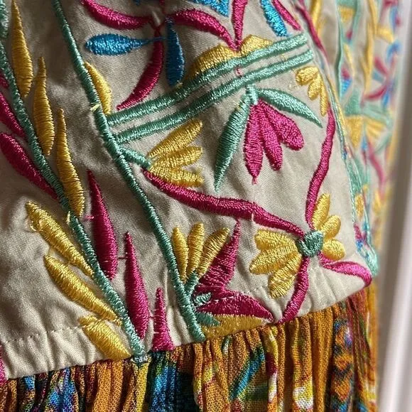 ANTHROPOLOGIE Raga Parkland Embroidered Dress Flowy Elongating  Mocha Mousse NWT