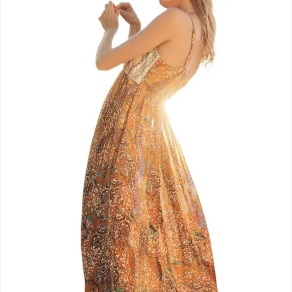 ANTHROPOLOGIE Raga Parkland Embroidered Dress Flowy Elongating  Mocha Mousse NWT