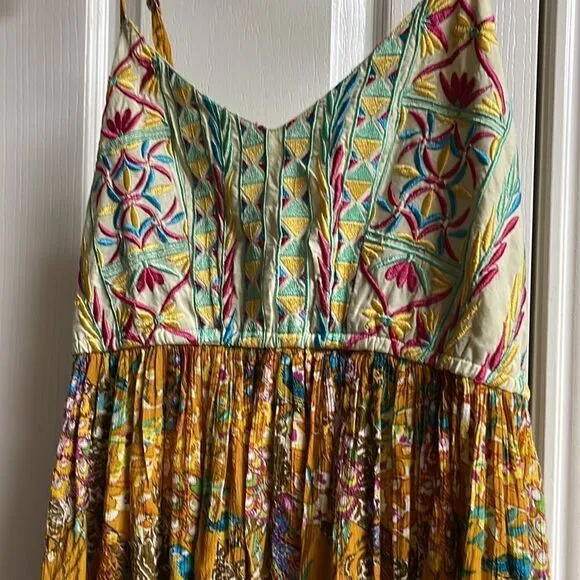 ANTHROPOLOGIE Raga Parkland Embroidered Dress Flowy Elongating  Mocha Mousse NWT