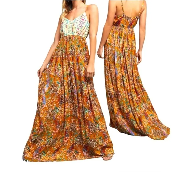 ANTHROPOLOGIE Raga Parkland Embroidered Dress Flowy Elongating  Mocha Mousse NWT