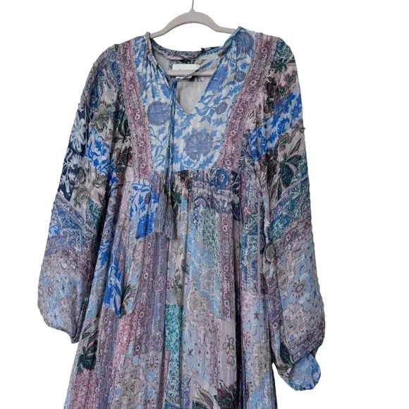Anthropologie Sky Cressida Long Sleeve Handkerchief Hem MultiColor Midi Dress XS