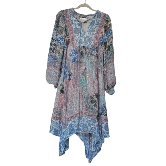 Anthropologie Sky Cressida Long Sleeve Handkerchief Hem MultiColor Midi Dress XS