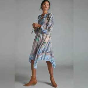 Anthropologie Sky Cressida Long Sleeve Handkerchief Hem MultiColor Midi Dress XS
