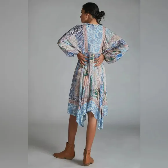 Anthropologie Sky Cressida Long Sleeve Handkerchief Hem MultiColor Midi Dress XS