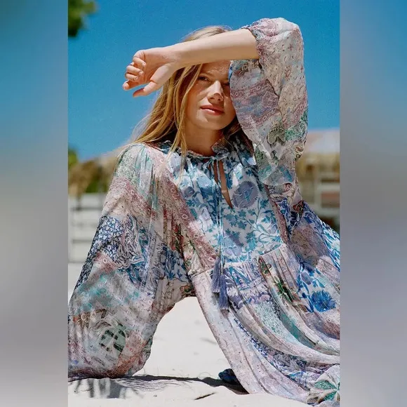 Anthropologie Sky Cressida Long Sleeve Handkerchief Hem MultiColor Midi Dress XS