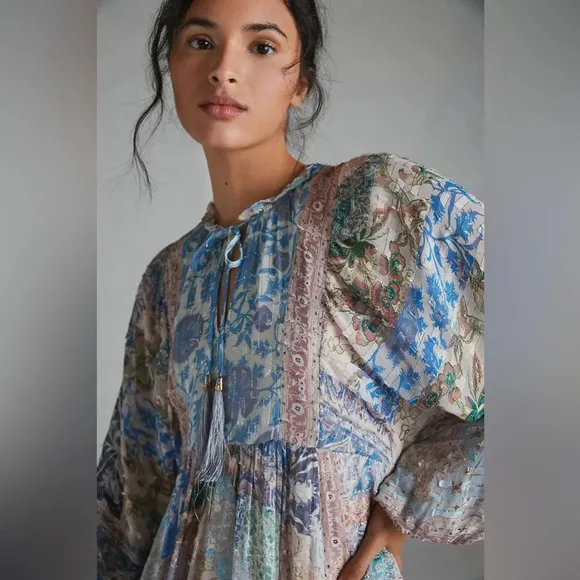 Anthropologie Sky Cressida Long Sleeve Handkerchief Hem MultiColor Midi Dress XS