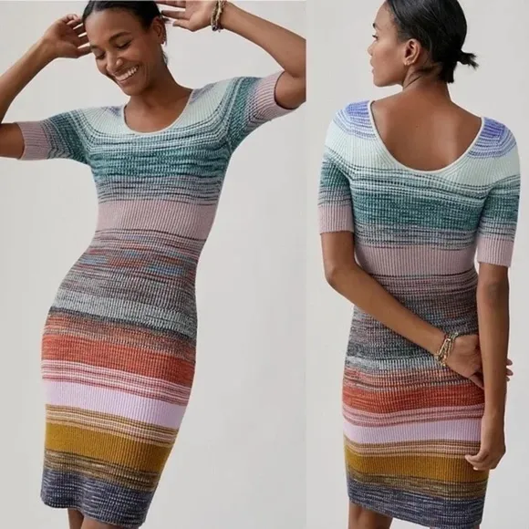 Anthropologie Womens XS Space-Dyed Scoop Neck Knit Midi Dress Multicolor Striped