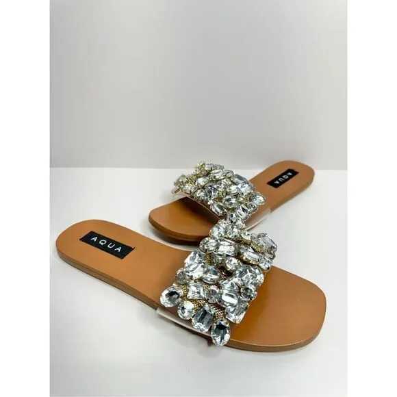 AQUA Sandals Womens Size 7 Embellished Open Toe Summer Slides NEW