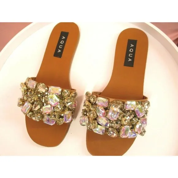 Aqua Women's sz 7 Paris Embellished Slide Sandals Slip on Flats