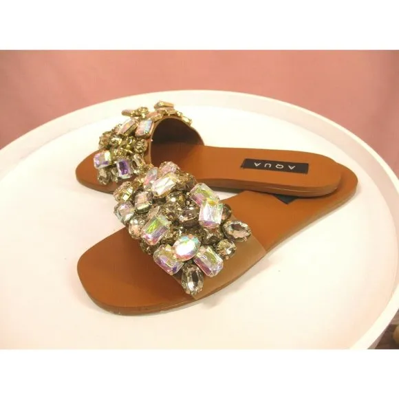 Aqua Women's sz 7 Paris Embellished Slide Sandals Slip on Flats