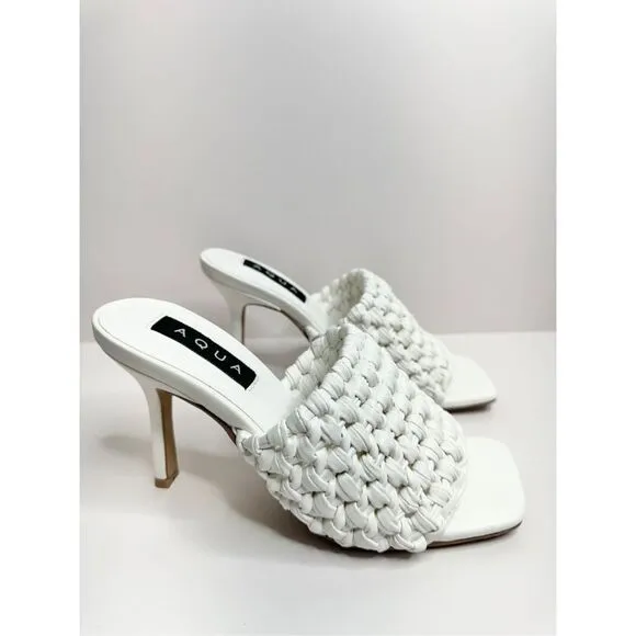 AQUA Woven Sandals Womens Size 6 White Slip On High Heel Square Toe NEW