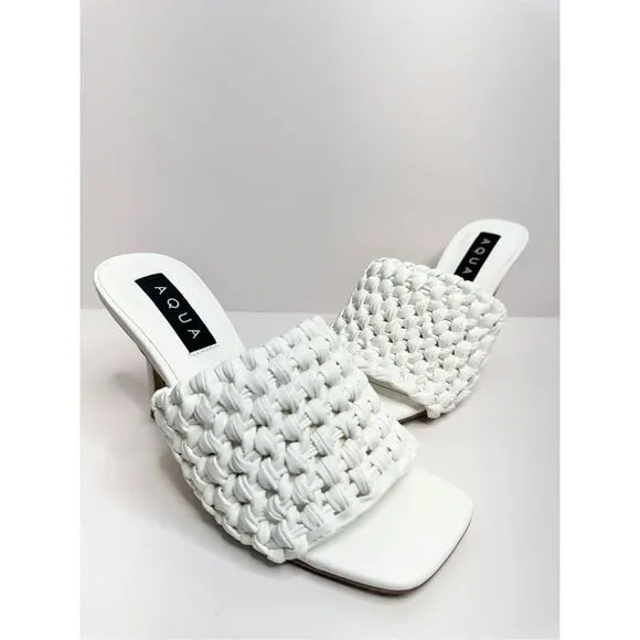 AQUA Woven Sandals Womens Size 6 White Slip On High Heel Square Toe NEW