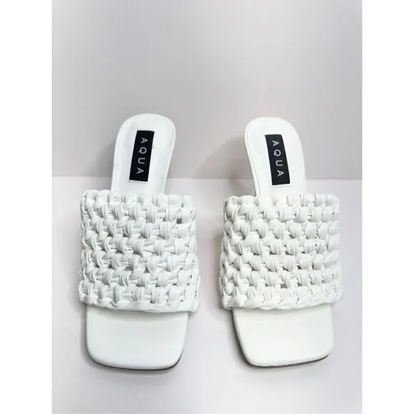 AQUA Woven Sandals Womens Size 6 White Slip On High Heel Square Toe NEW