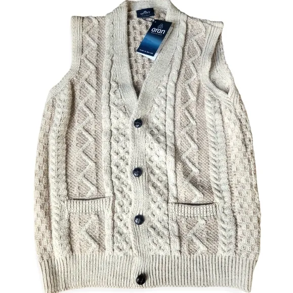 Aran Women's Merino Wool Cable Knit Cardigan Sweater Vest Size L Made In Ireland