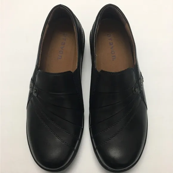 Aravon Leather Slip On Flats Shoes Size 9.5EE Black Lightweight Work Office