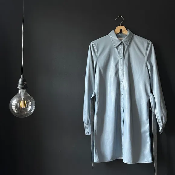 Aritzia Wilfred Caroline Vegan Leather Shirt Dress in Blue Dune Size 2XS