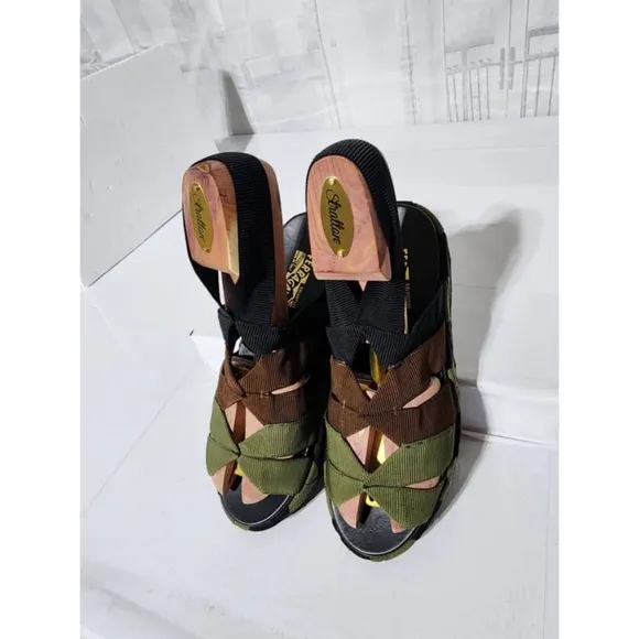 Authentic SALVATORE FERRAGAMO Colorblock Pattern Slingback Sandals Green/Brown