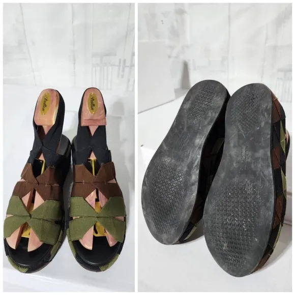 Authentic SALVATORE FERRAGAMO Colorblock Pattern Slingback Sandals Green/Brown