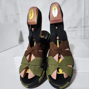 Authentic SALVATORE FERRAGAMO Colorblock Pattern Slingback Sandals Green/Brown