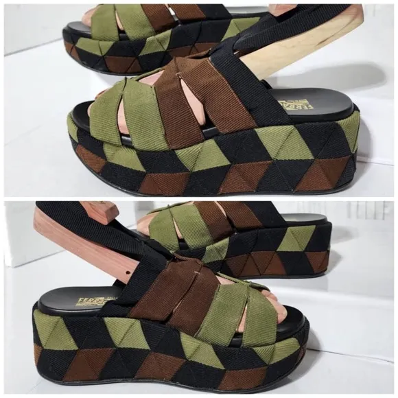 Authentic SALVATORE FERRAGAMO Colorblock Pattern Slingback Sandals Green/Brown