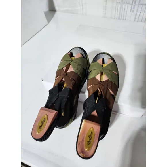 Authentic SALVATORE FERRAGAMO Colorblock Pattern Slingback Sandals Green/Brown